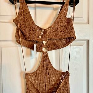 Elegant Brown Backless Crochet Dress